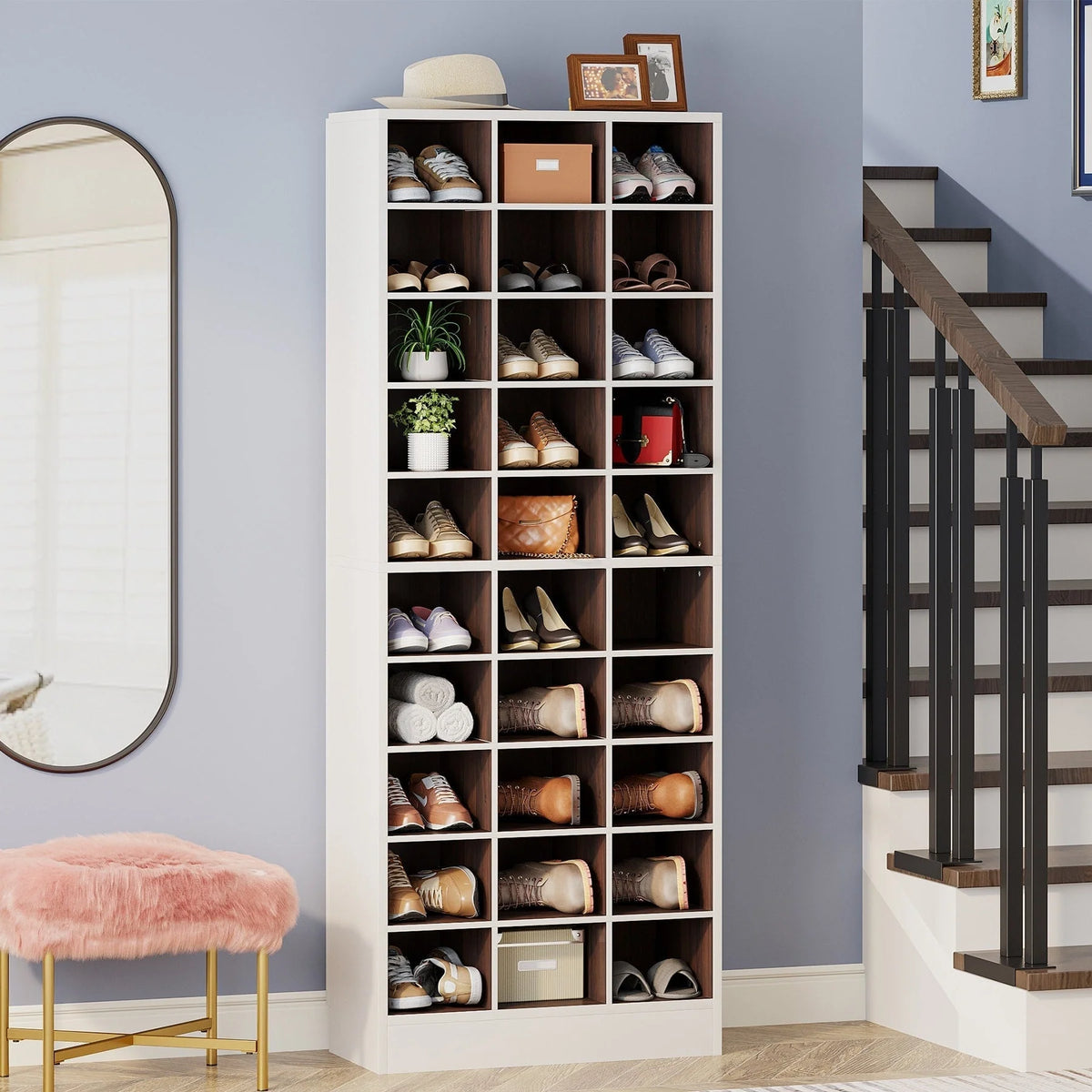 Meuble à chaussures haut pour 30 paires, étagère de rangement blanche en bois à 10 niveaux pour placard et entrée – 10 niveaux