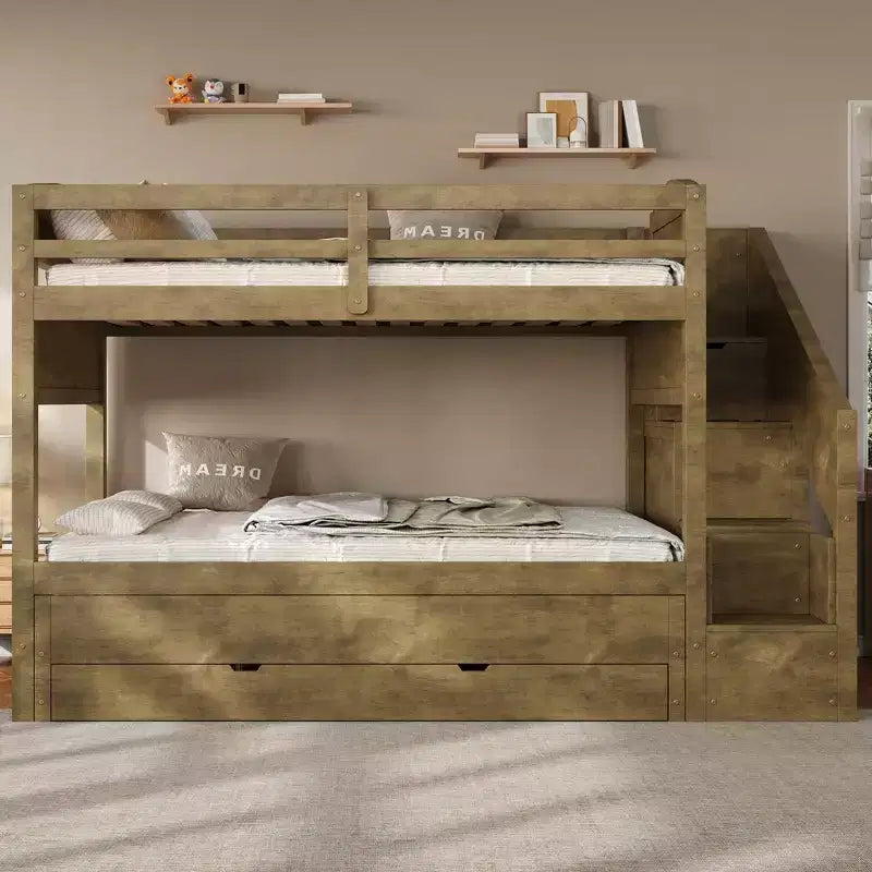 Letto a castello Whisen Twin XL con letto estraibile, contenitore, legno massello, scala contenitore, armadio e 3 cassetti, per bambini