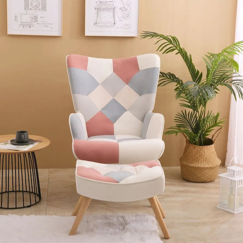 Fauteuil d’appoint avec pouf, ensemble fauteuil et pouf pour le salon, fauteuil d’appoint confortable avec accoudoirs pour la chambre, revêtement en tissu à motifs créatifs