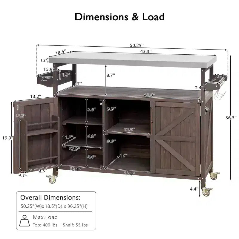 Îlot de cuisine extérieur Okak avec plateau en acier inoxydable, desserte de cuisine en bois avec portes, étagères et porte-épices, îlot de cuisine à roulettes
