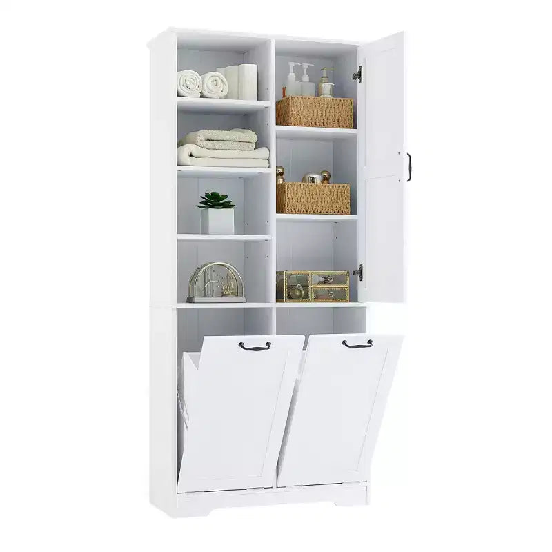 Meuble de rangement de salle de bains avec portes et tiroirs, panier à linge basculant, multiples espaces de rangement, style autoportant