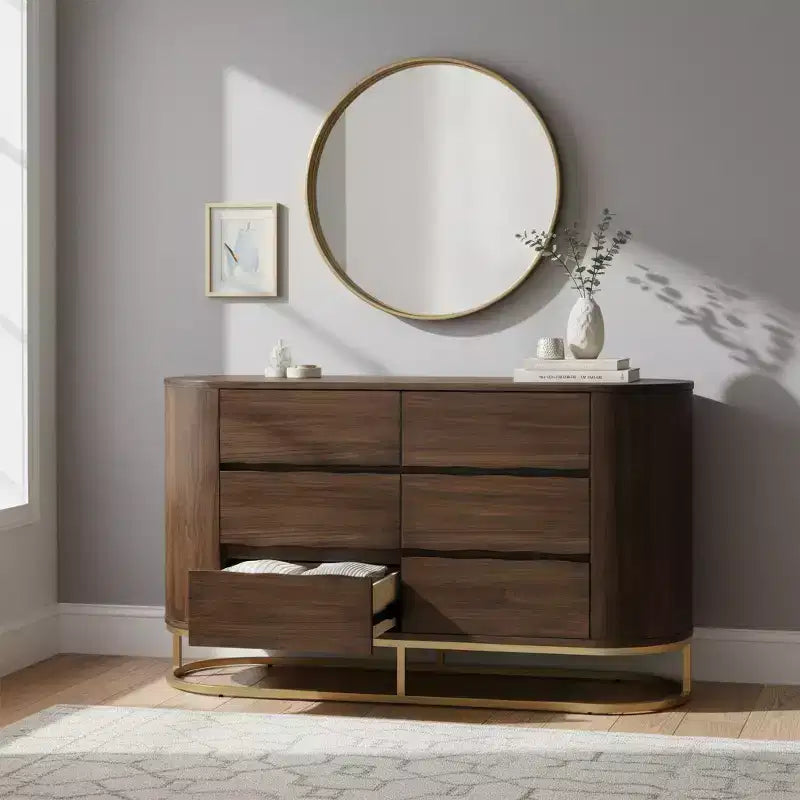 Cassettiera moderna a 6 cassetti con design a bordo vivo, base in metallo e struttura resistente in legno misto