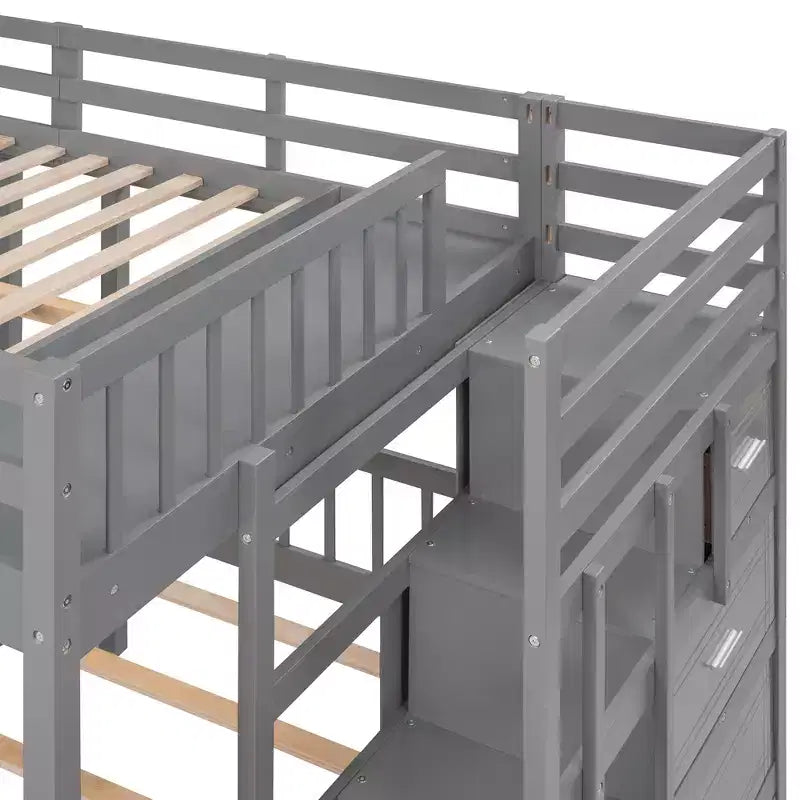 Lit superposé Whisen avec lit double au-dessus de deux lits une place, lit superposé triple en bois avec tiroirs et barrières de sécurité