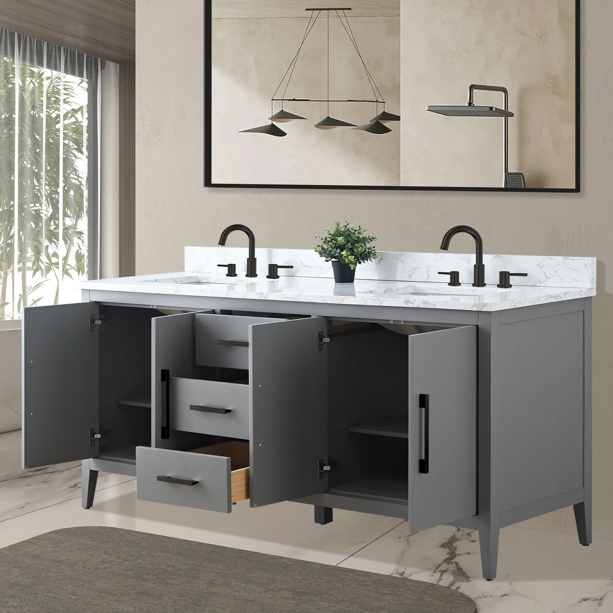 Meuble-lavabo Vanity Art 72 à double vasque avec plateau en marbre reconstitué