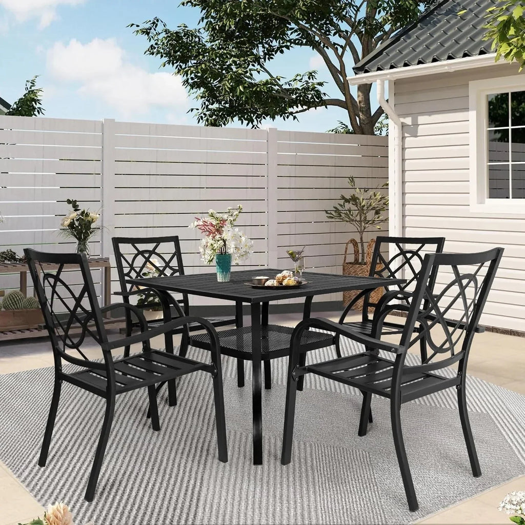 SUNCROWN Outdoor Patio 5/7 Piece Steel Dining Sets Metal Slatted Table and Stackable Chairs Powder Coated Frame