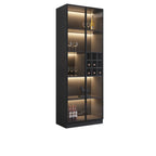 Credenza portabottiglie minimalista in legno nero con anta in vetro