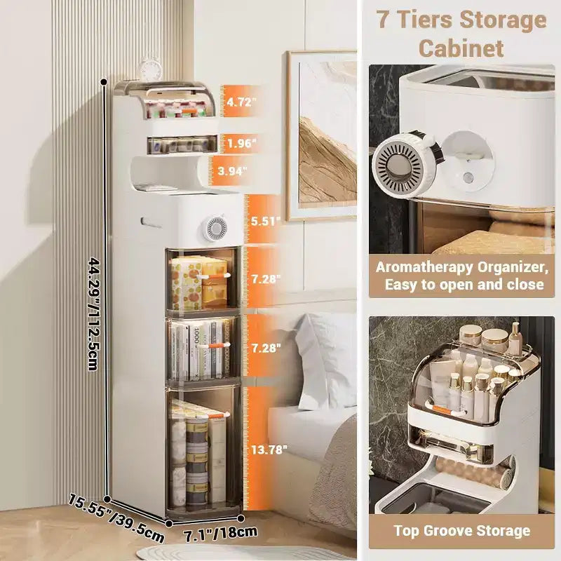 Mobiletto slim per bagno, mobile stretto a 7 ripiani con organizer impermeabili, porta fazzoletti e ruote, ideale per bagno, cucina e lavanderia