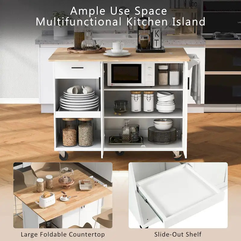 Isola da cucina con piano di lavoro pieghevole, carrello portaoggetti da cucina con ripiano estraibile, portasciugamani e cassetto, ruote girevoli