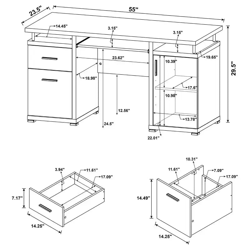 Scrivania in legno TUYOHW 55, scrivania per computer da ufficio con 2 cassetti, 1 armadietto, 1 ripiano aperto e 1 anta, scrivania da lavoro per ufficio domestico, studio e piccoli spazi