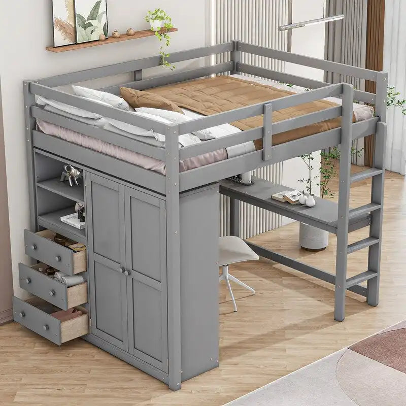 Lit mezzanine en bois 2 places avec armoire intégrée, bureau, étagères de rangement et tiroirs