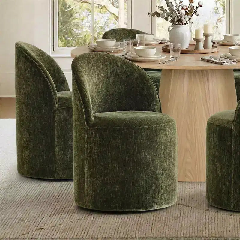 Ensemble de table à manger moderne pour 6 personnes, table ronde à piètement central, fauteuils tonneau pivotants à roulettes, chenille texturée - Panipeachy