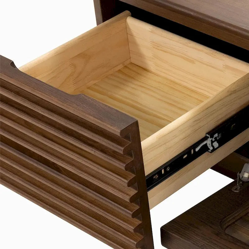 Meuble TV minimaliste avec tiroirs, console multimédia en bois massif avec placards, porte basculante, placage noyer, entièrement assemblée