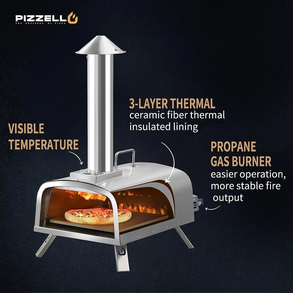 Four à pizza extérieur multicombustible, appareil à pizza cuite sur pierre avec brûleur à gaz et compartiment à bois – 12 pouces