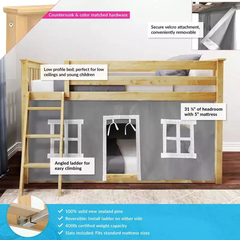 Lit superposé bas Max & Lily, 2 couchages simples, avec rideaux