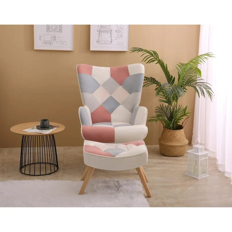 Fauteuil d’appoint avec pouf, ensemble fauteuil et pouf pour le salon, fauteuil d’appoint confortable avec accoudoirs pour la chambre, revêtement en tissu à motifs créatifs