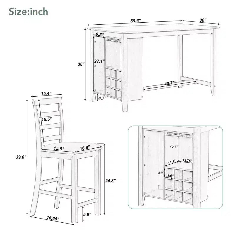 Set da pranzo in stile rustico composto da 5 pezzi, altezza bancone, con sedie per 4 persone, tavolo rettangolare in legno con ripiani contenitori e scomparto portabottiglie