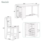 Set da pranzo in stile rustico composto da 5 pezzi, altezza bancone, con sedie per 4 persone, tavolo rettangolare in legno con ripiani contenitori e scomparto portabottiglie