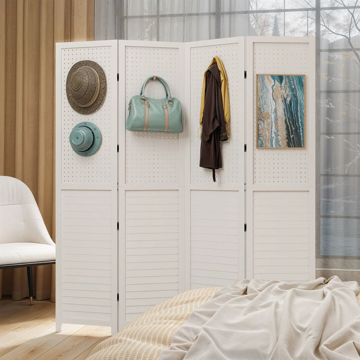 Séparateur de pièce en bois blanc à 4 panneaux Moasis 67