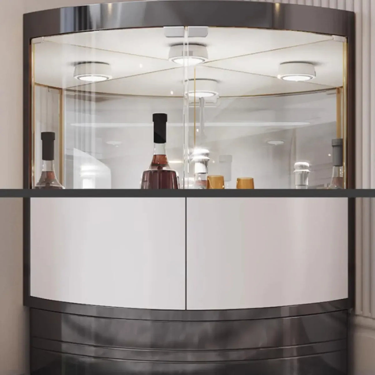 Meuble d’angle de rangement et d’exposition avec plusieurs niveaux, en verre et métal, pour bouteilles de vin