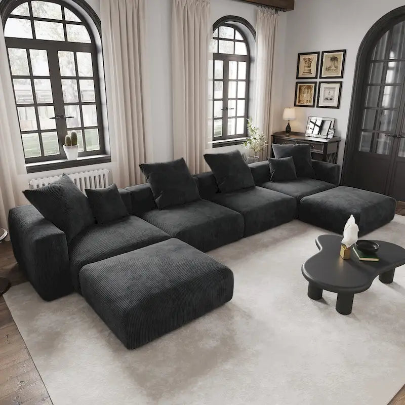 Grand canapé d’angle modulable en velours côtelé, en U, 4 places, avec 2 poufs et 5 coussins