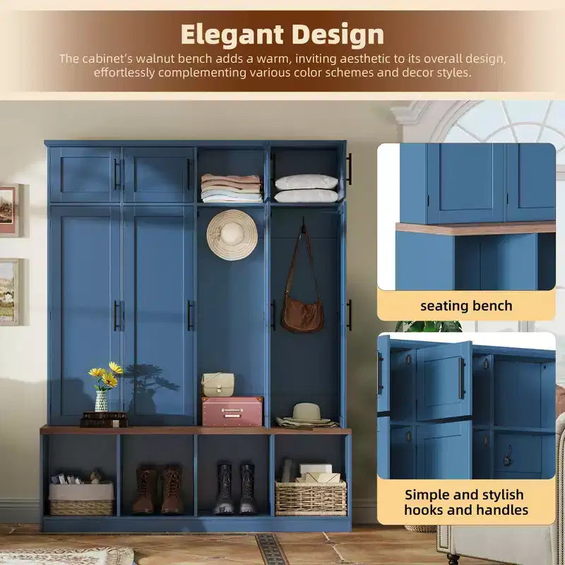 Mobile da ingresso blu in stile rustico The Misty Moon con 4 ganci appendiabiti nascosti e versatile panca in noce con 8 ante
