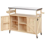 Îlot de cuisine extérieur Okak avec plateau en acier inoxydable, desserte de cuisine en bois avec portes, étagères et porte-épices, îlot de cuisine à roulettes