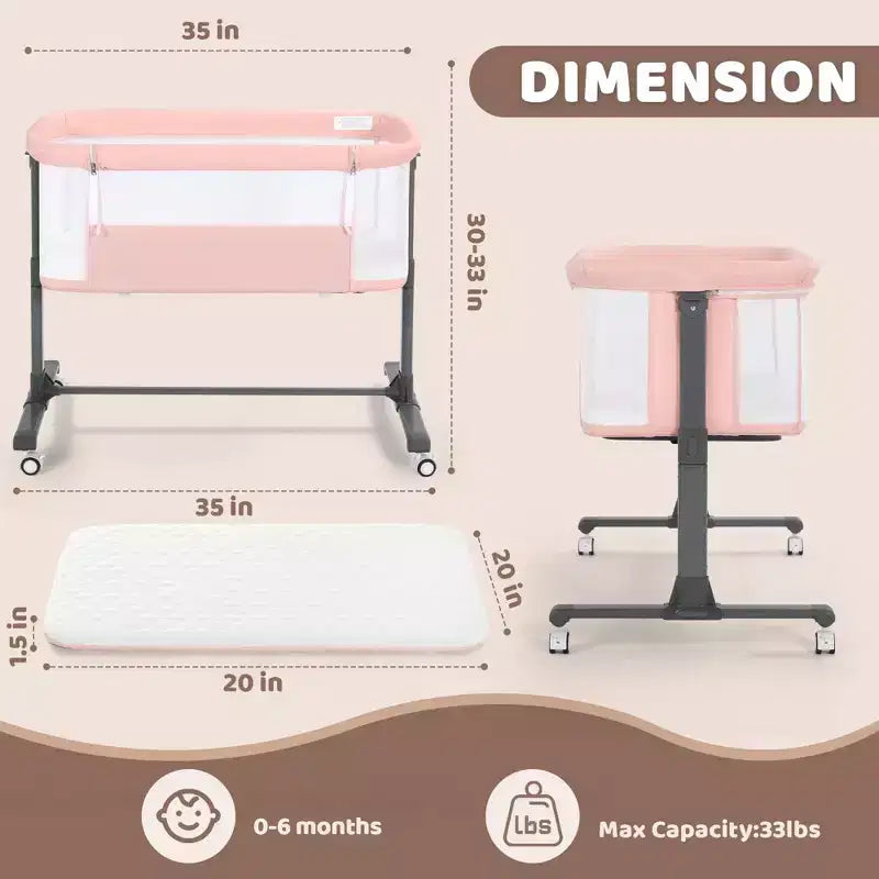 Baby Bassinet with Wheels ??Beige / Gray / Pink, Bedside Sleeper, for 1 Baby