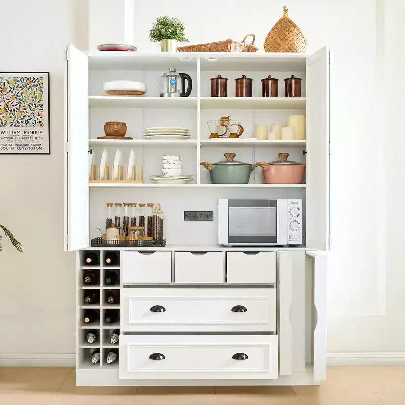 Armoire garde-manger indépendante Whisen de 71 po de hauteur, grand meuble de rangement pour salle à manger avec 4 portes pliantes, étagères et porte-bouteilles