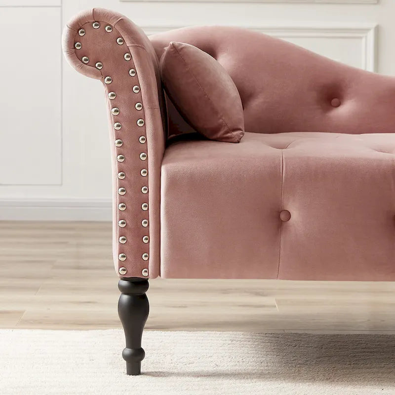 Chaise longue moderna da 60,6" in velluto con bottoni trapuntati, gambe in legno massello e borchie decorative