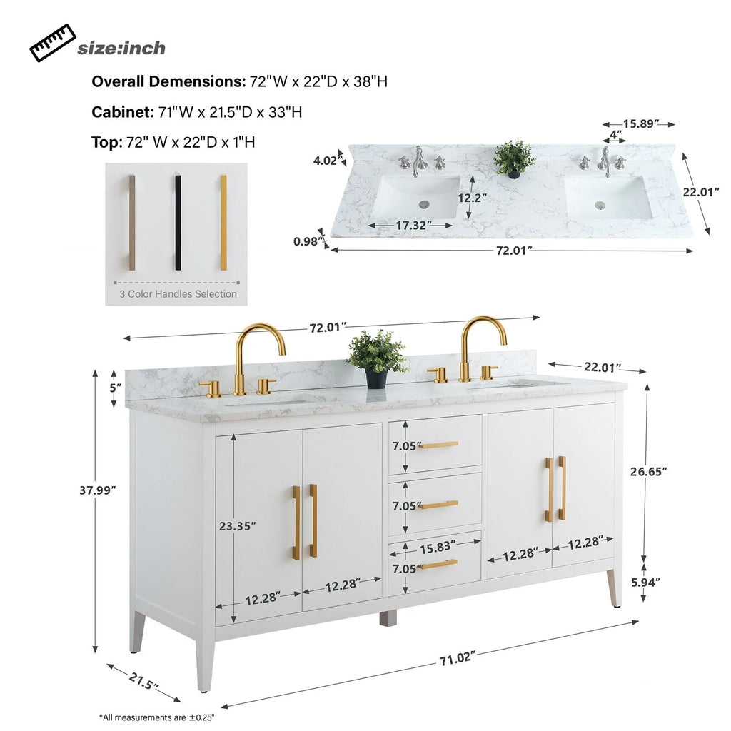 Meuble-lavabo Vanity Art 72 à double vasque avec plateau en marbre reconstitué