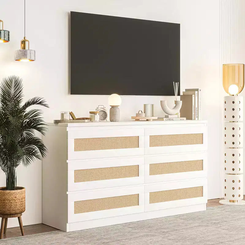 Cassettiera in rattan per camera da letto con 6 cassetti, cassettiera larga moderna in stile rustico da 47 pollici, mobile contenitore in legno per organizzare armadio, soggiorno e corridoio