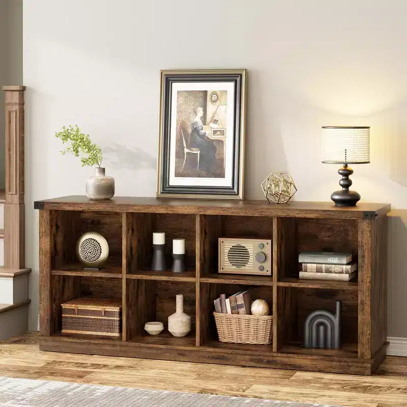 Libreria organizer con 8 scomparti, mobile orizzontale in stile rustico, libreria in legno da 62 pollici con vani portaoggetti per ingresso, libreria lunga e bassa per soggiorno
