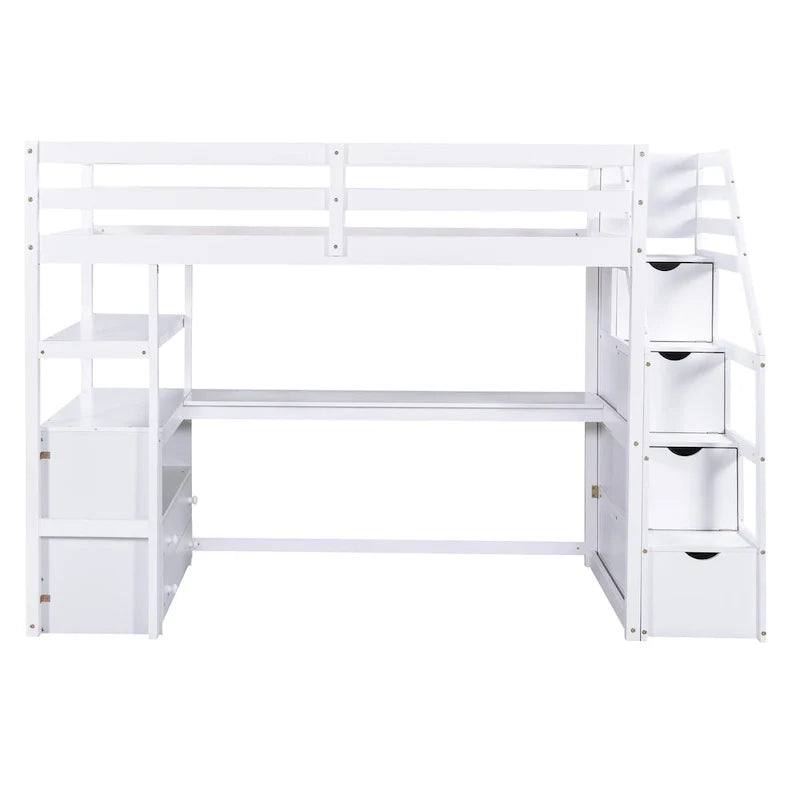 Lit mezzanine une place avec bureau et étagères, deux tiroirs intégrés et escalier de rangement
