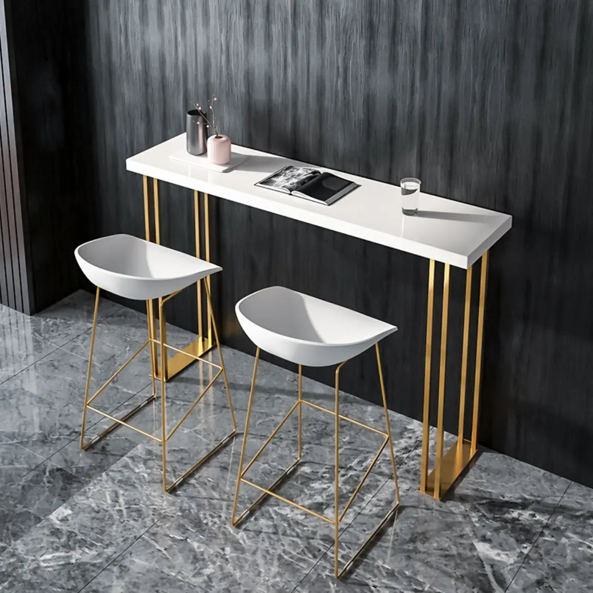 Tavolo da bar rettangolare di lusso in legno con base dorata a slitta per sala da pranzo