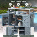 Îlot de cuisine extérieur Okak avec plateau en acier inoxydable, desserte de cuisine en bois avec portes, étagères et porte-épices, îlot de cuisine à roulettes