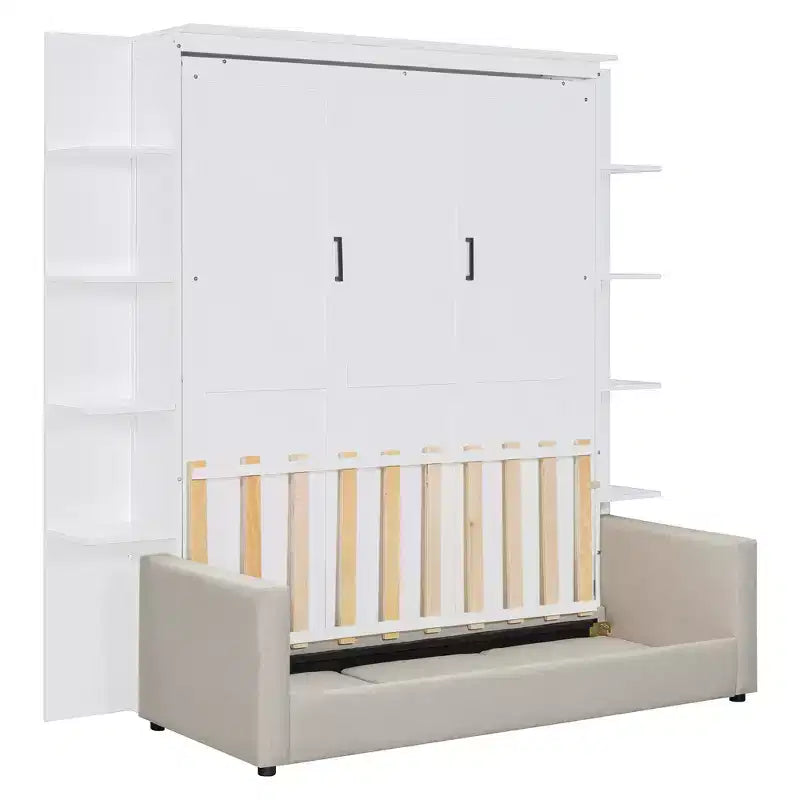 Whisen Modern Design Wood Frame Queen Size Murphy Bed Wall Bed with Sofa and Shelves