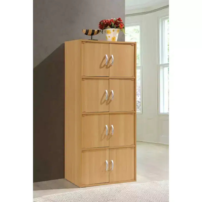 Bibliothèque-armoire de rangement polyvalente fermée Hodedah HID44, robuste, à 8 portes, à poser au sol, pour la maison et le bureau, finition bois de hêtre