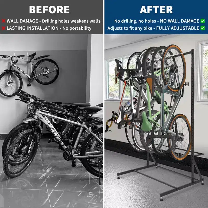 Support de rangement autoportant pour 5 vélos, capacité robuste de 300 lb, organisateur solide pour maintenir les vélos en toute sécurité et stabilité dans les cours avant et arrière
