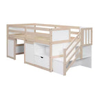 Letto soppalcato singolo Okak in legno massello con scale e spazio contenitore, letto a castello singolo basso con cassetti e ripiani, letto soppalcato multifunzionale per bambini e ragazzi