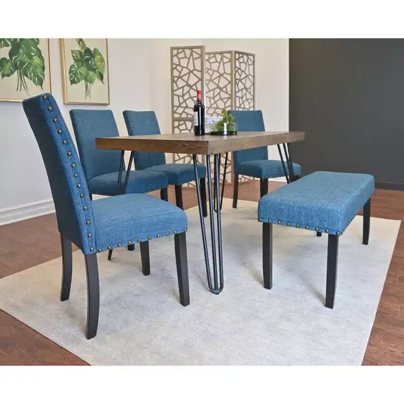 Set da pranzo Roundhill Furniture Amisos, tavolo da pranzo con gambe a forcina con 4 sedie e panca imbottita, 6 pezzi