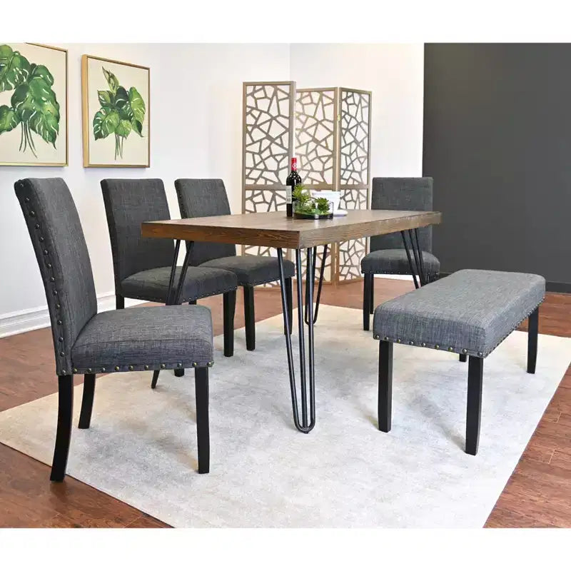 Set da pranzo Roundhill Furniture Amisos, tavolo da pranzo con gambe a forcina con 4 sedie e panca imbottita, 6 pezzi