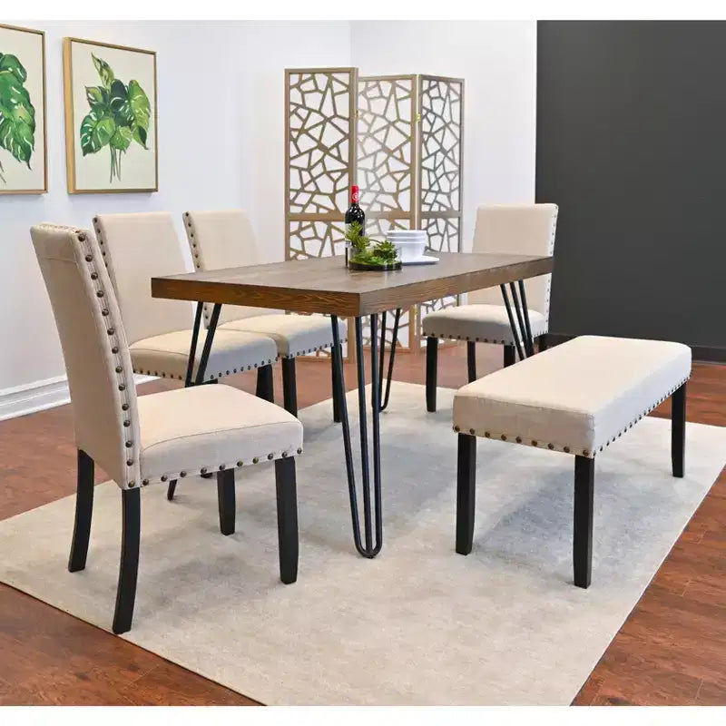 Set da pranzo Roundhill Furniture Amisos, tavolo da pranzo con gambe a forcina con 4 sedie e panca imbottita, 6 pezzi