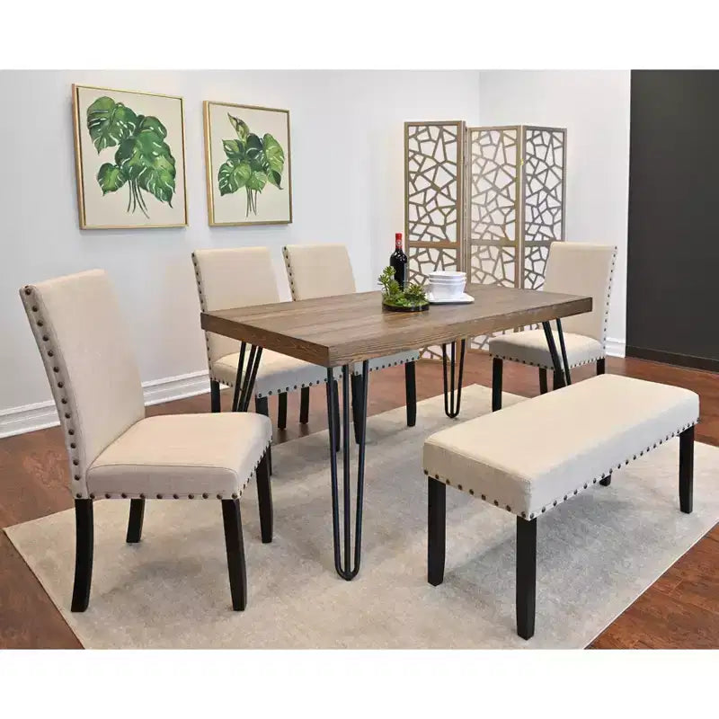 Set da pranzo Roundhill Furniture Amisos, tavolo da pranzo con gambe a forcina con 4 sedie e panca imbottita, 6 pezzi