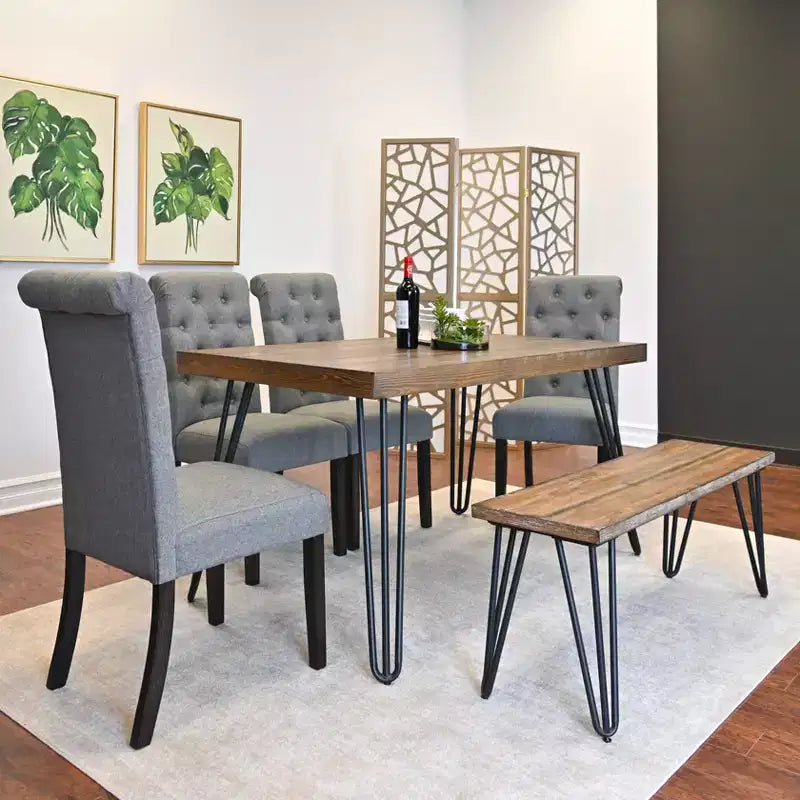 Set da pranzo Ashford da 6 pezzi, tavolo da pranzo con gambe a forcina con 4 sedie e panca, 4 opzioni di colore