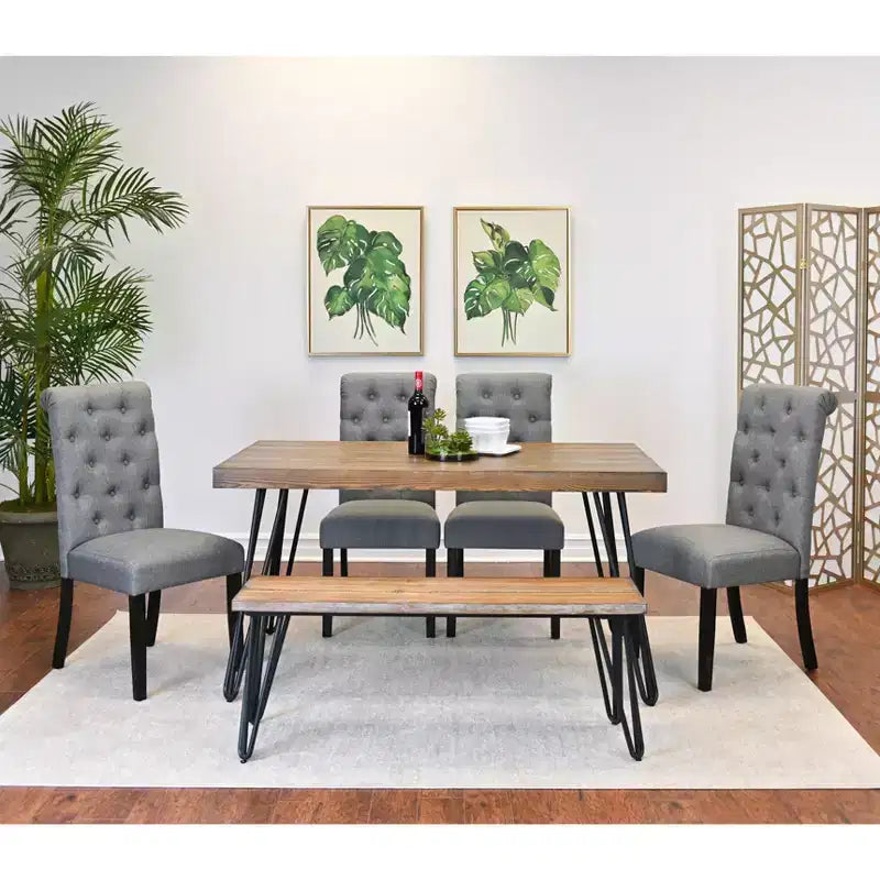 Set da pranzo Ashford da 6 pezzi, con tavolo da pranzo con gambe a forcina, 4 sedie e panca, 4 opzioni di colore