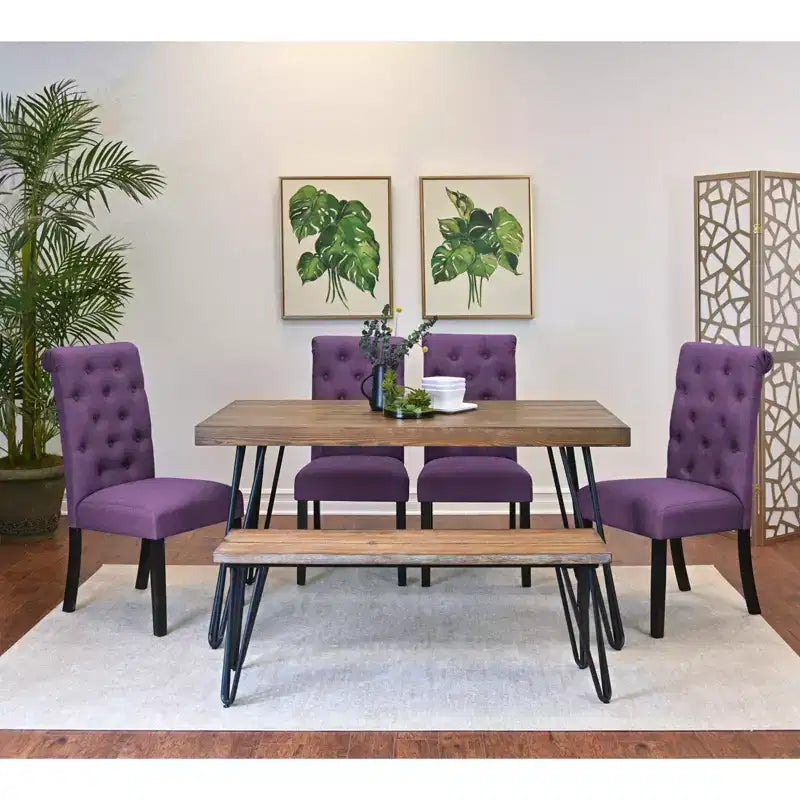 Set da pranzo Ashford da 6 pezzi, con tavolo da pranzo con gambe a forcina, 4 sedie e panca, 4 opzioni di colore