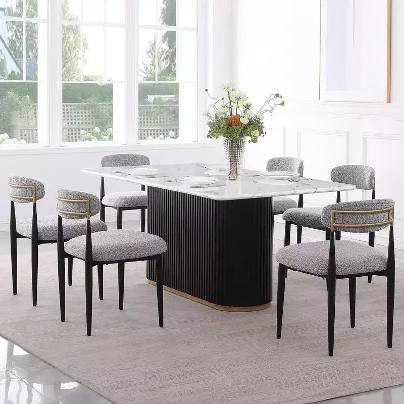 Moderno set da pranzo da 7 pezzi con tavolo in finto marmo e sedie senza braccioli in bouclé per cucina - Morden Fort