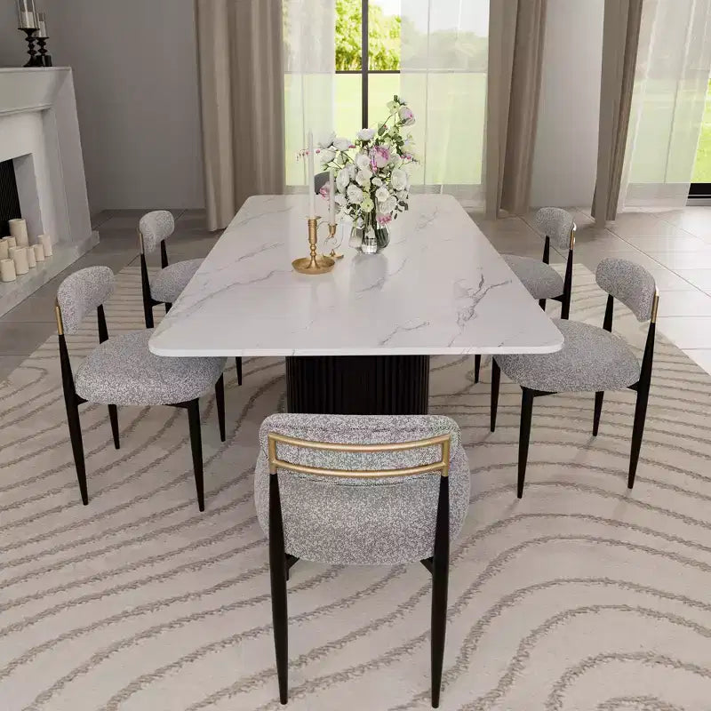 Moderno set da pranzo da 7 pezzi con tavolo in finto marmo e sedie senza braccioli in bouclé per cucina - Morden Fort