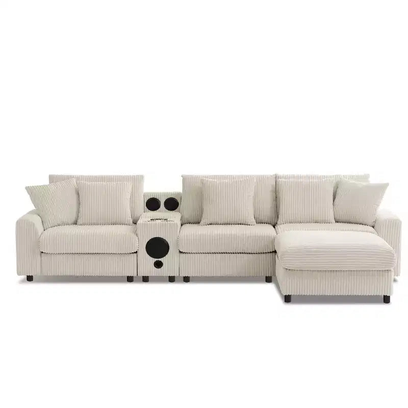 Divano componibile a L in velluto a coste da 114'' con altoparlanti Bluetooth, caricabatterie USB, portabicchieri e pouf - ModernLuxe