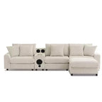 Divano componibile a L in velluto a coste da 114'' con altoparlanti Bluetooth, caricabatterie USB, portabicchieri e pouf - ModernLuxe